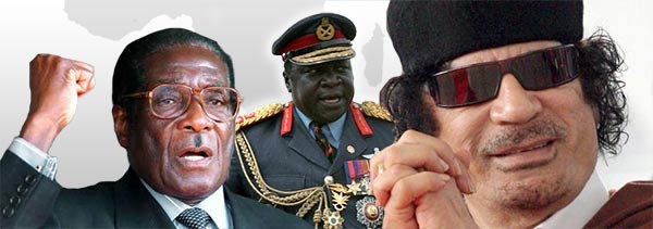 Afryka nie ma szczęścia do demokratów. Na zdjęciu słynni autorytarni władcy Zimbabwe (R. Mugabe, L), Ugandy (Idi Amin, Ś) i Libii (M. Kaddafi). (Źródło: politykaglobalna.pl, na podstawie: Wikimedia Commons)