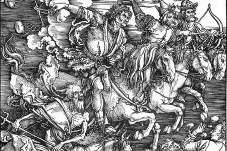 Czterej jeźdcy apokalipsy: Wojna, Zaraza, Głód i Śmierć. Drzeworyt Albrechta Dürera z końca XV wieku (Źródło: Wikipedia)