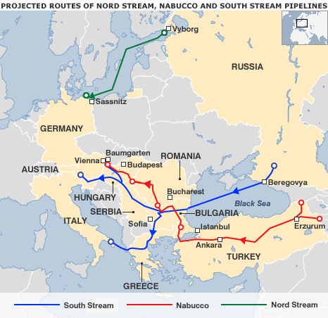 Przewidywane trasy Nabucco, Nord Stream i South Stream (Źródło: Energy.eu) KLIKNIJ ABY POWIĘKSZYĆ